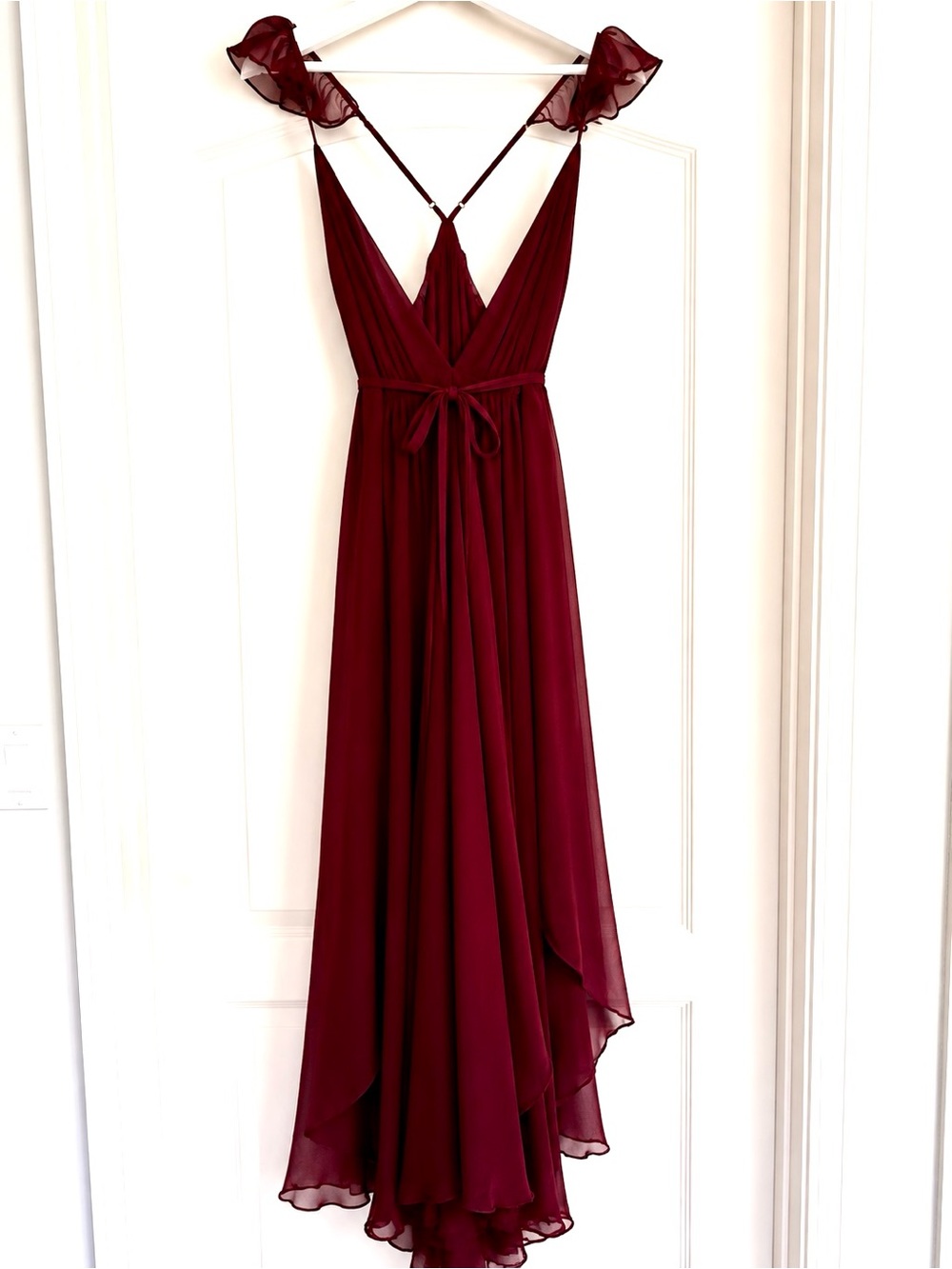 Lulu's Burgundy Ruffle-Strap V-Neck Maxi Dress